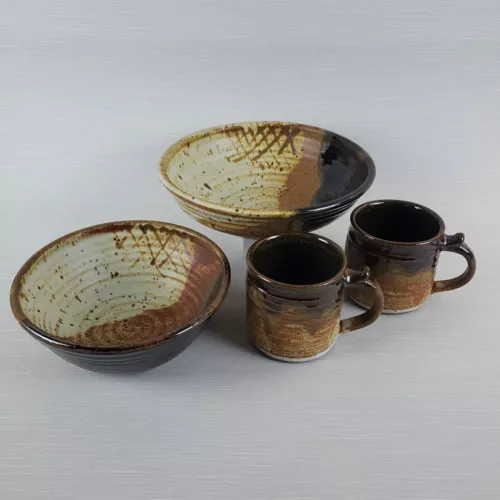 Vintage Studio Art Pottery 2 Mugs & 2 Bowls Stoneware Drip Glaze Signed Rustic