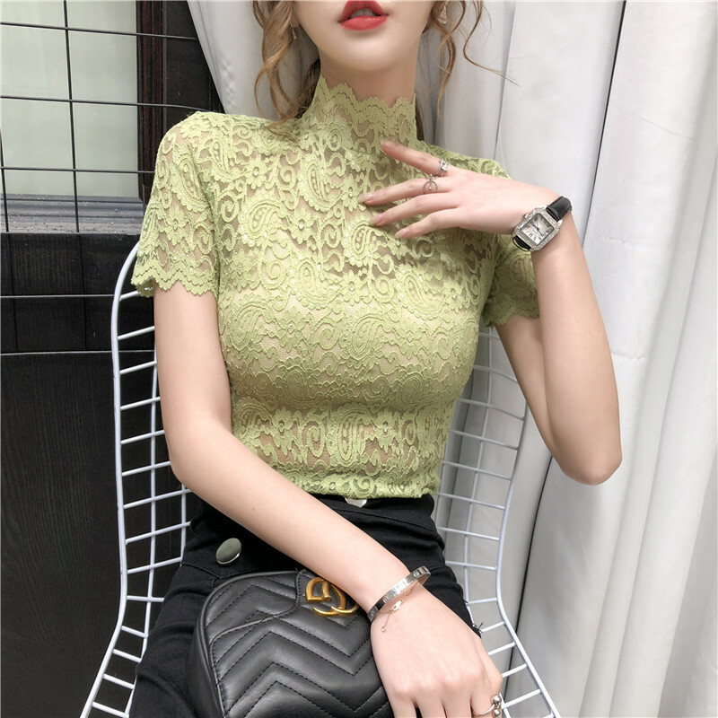 Women Floral Lace Short Sleeve Top Hollow Sheer High Neck Blouse