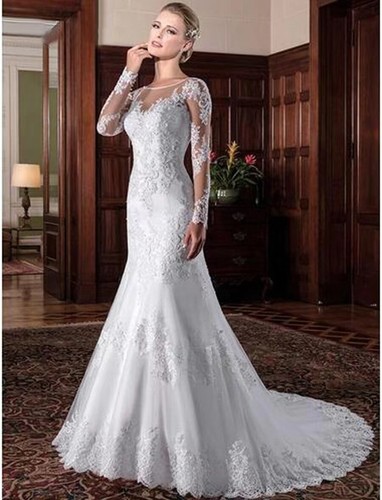 Elegante Meerjungfrau Brautkleider O Ausschnitt Langarm Spitze Applikationen Brautkleider - Bild 3 von 9