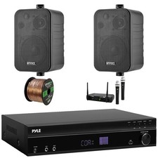 Pyle Bluetooth USB-A Audio Amp Receiver, 2x 4" 30W Indoor/Outdoor Speakers Mic