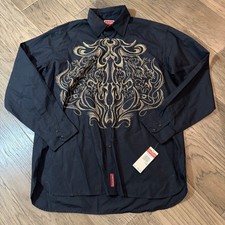 NWT VTG Tommy Hilfiger Red Label Men's L Black Gold Embroidered Button Up Shirt