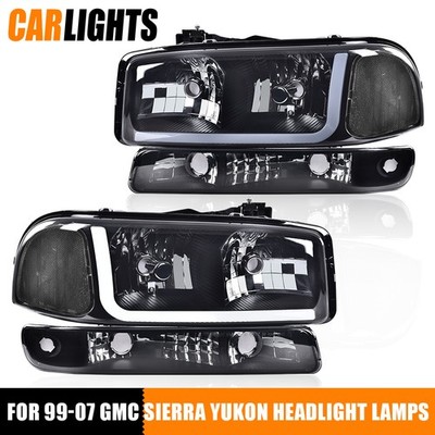 PAIR LED DRL HEADLIGHT+BUMPER LAMPS BLACK/CLEAR FITS 1999-2007 GMC SIERRA/YUKON