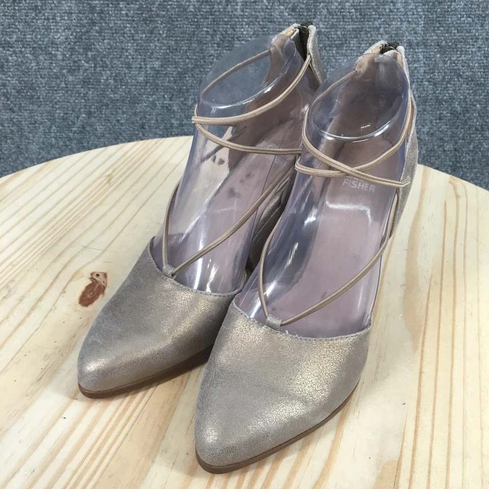 Tacones Eileen Fisher para mujer 7 Ghille dorado metálico cuero correa al tobillo cuña bomba Foto 3 de 4
