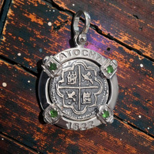 Atocha 1622 Silver Coin Pendant Green Topaz Sterling Silver Certificate Gift