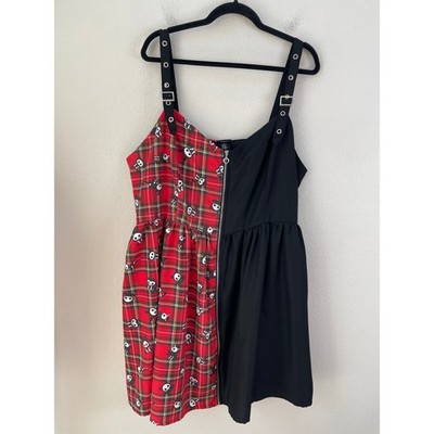 Skelanimals Womens Plus 3X Split Plaid Mini Dress Red Black Goth Emo Punk