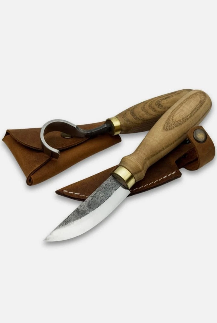 Handmade Wood Carving Knife Curved Blade Wood Handle Leather Sheath with Hook