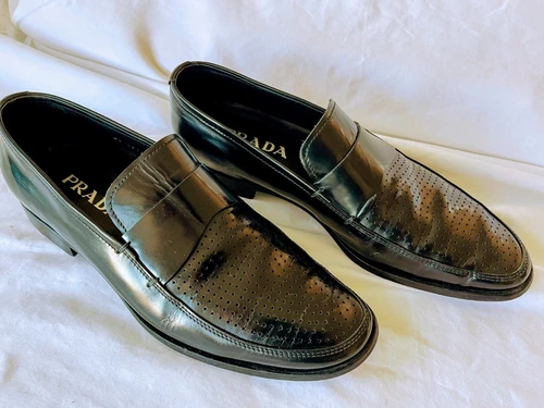 Scarpe eleganti uomo Prada Spell Out pelle nera Oxford tinta unita slip on Italia 7