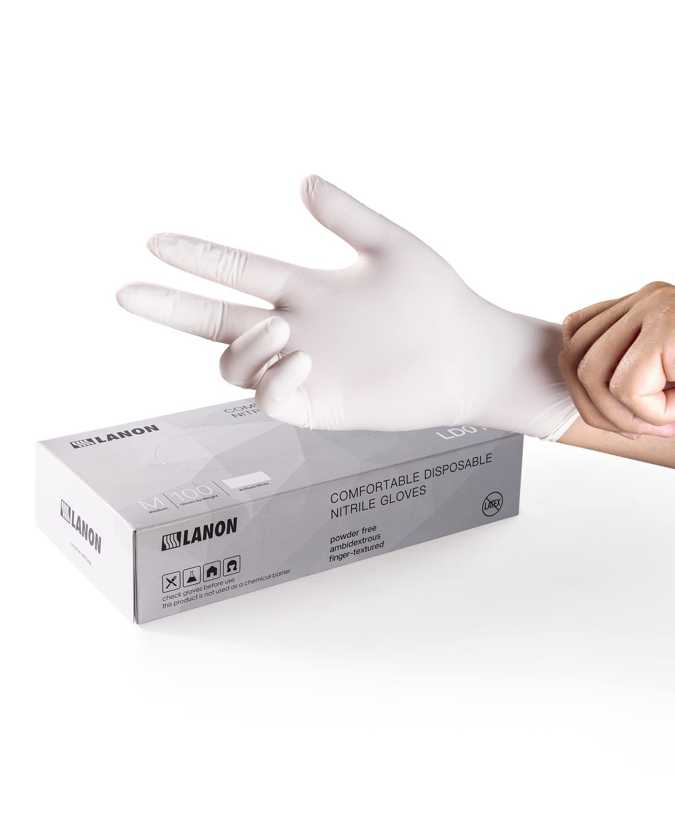 LANON Food Safe White Disposable Nitrile Gloves Latex-Free Powder-Free Textured Grip