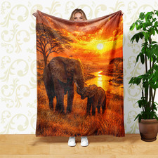 Elephant Mother and Calf African Savanna Sunset Coral Fleece Blanket