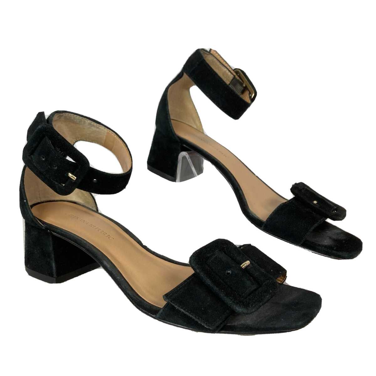 Banana Republic Sandals Womens Sz Black Suede Ankle Strap Buckle Toe Heels