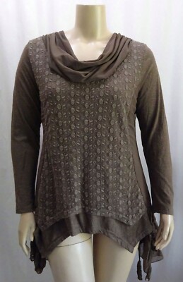 AA3 SACRED THREADS Beautiful Brown Lace Asymmetrical Shirt Lagenlook Large