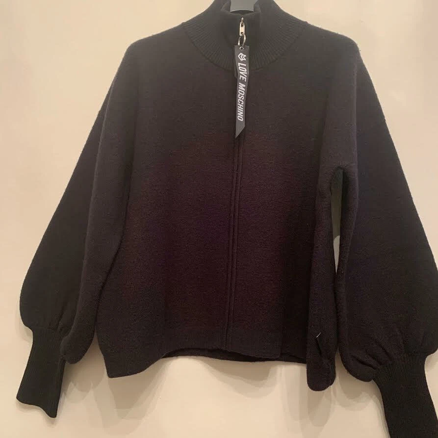 GIACCA LOVE MOSCHINO 100% LANA VERGINE NERA CAPPOTTO ZIP DAVANTI MANICHE LUNGHE A SBUFFO NUOVA CON ETICHETTE
