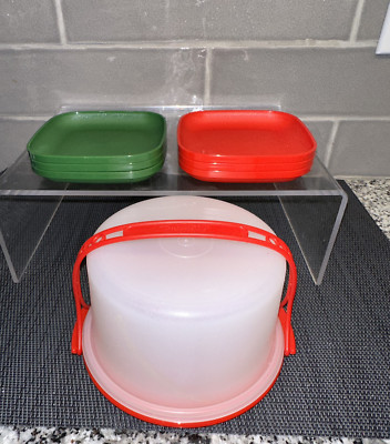 Vtg Tupperware Tupper Toys Mini Cake Carrier Taker ~ Plastic Plates Red Green