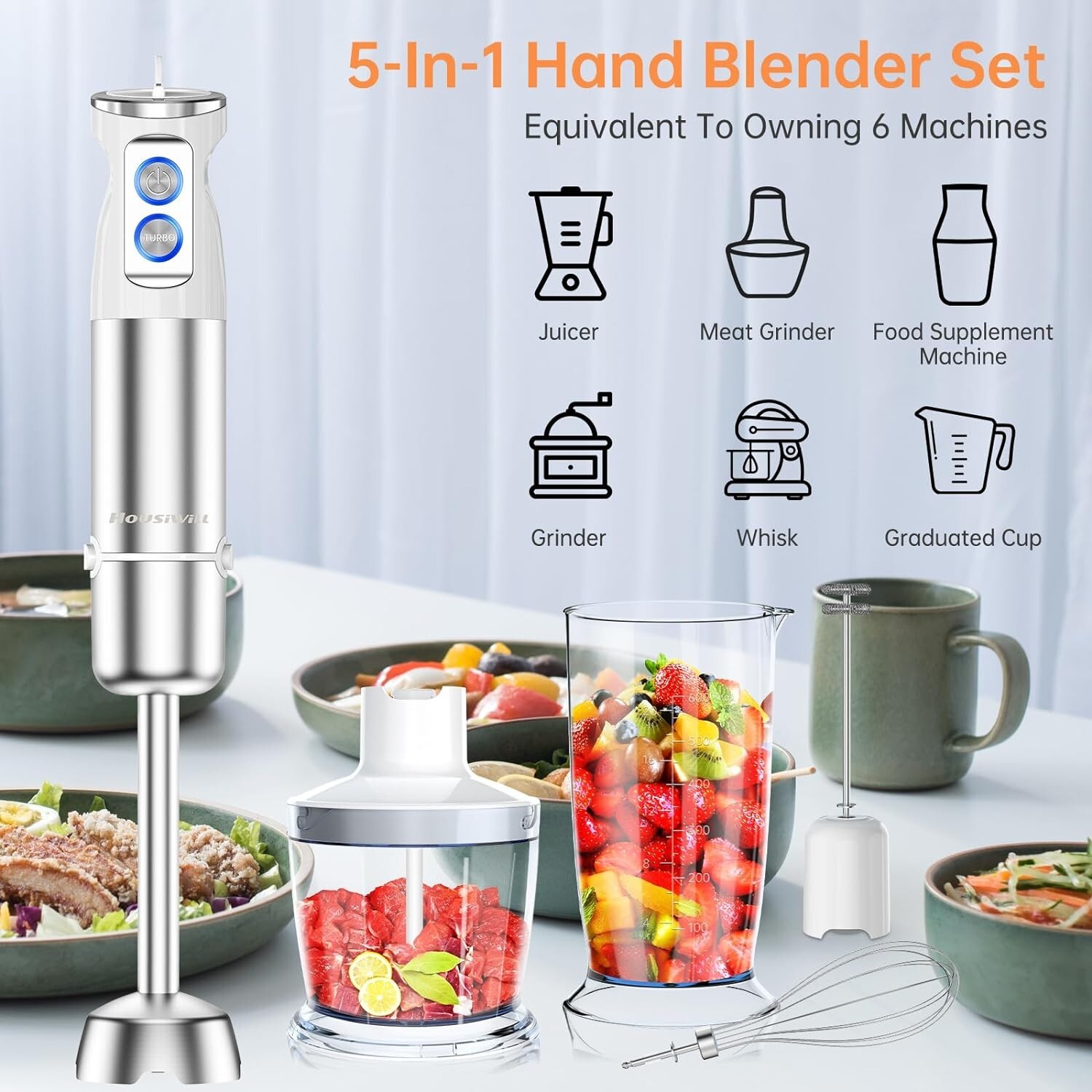 Hand Blender, 5in1 Stainless Steel Electric Stick Blender 1000W, 24