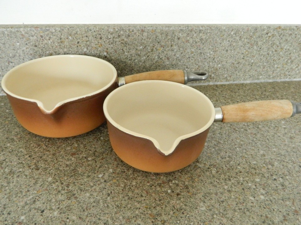 PAIR OF VINTAGE LE CREUSET CAST IRON MILK PANS BROWN eBay