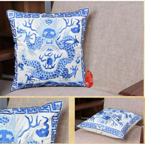 Chinese Classic BlueWhite Porcelain Silk Embroiderd Dragon Phoenix Cushion Cover - Picture 8 of 14