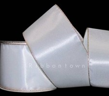 5 Yards Wedding White Satin Gold Edge Wired Ribbon 4"W