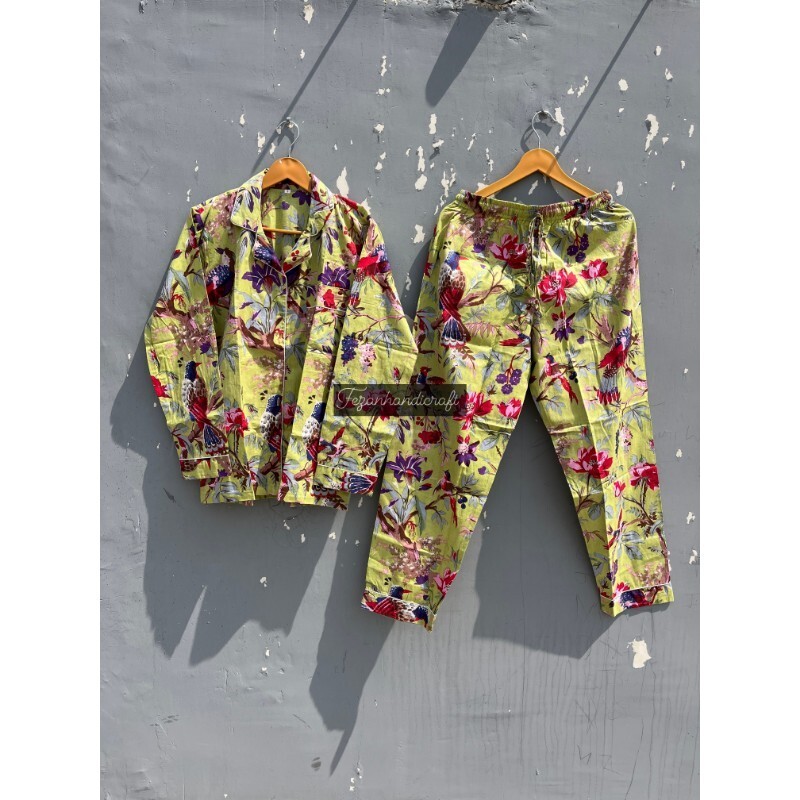 Set Pigiama Stampa Uccellino Cotone Donna Abbigliamento Fatto a