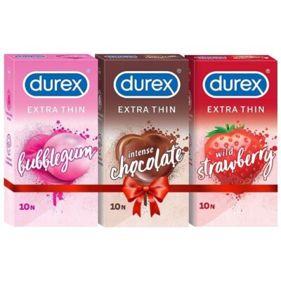 Durex Extra Thin Condoms, 10s, Pack of 3 Bubblegum + Chocolate + Strawberry