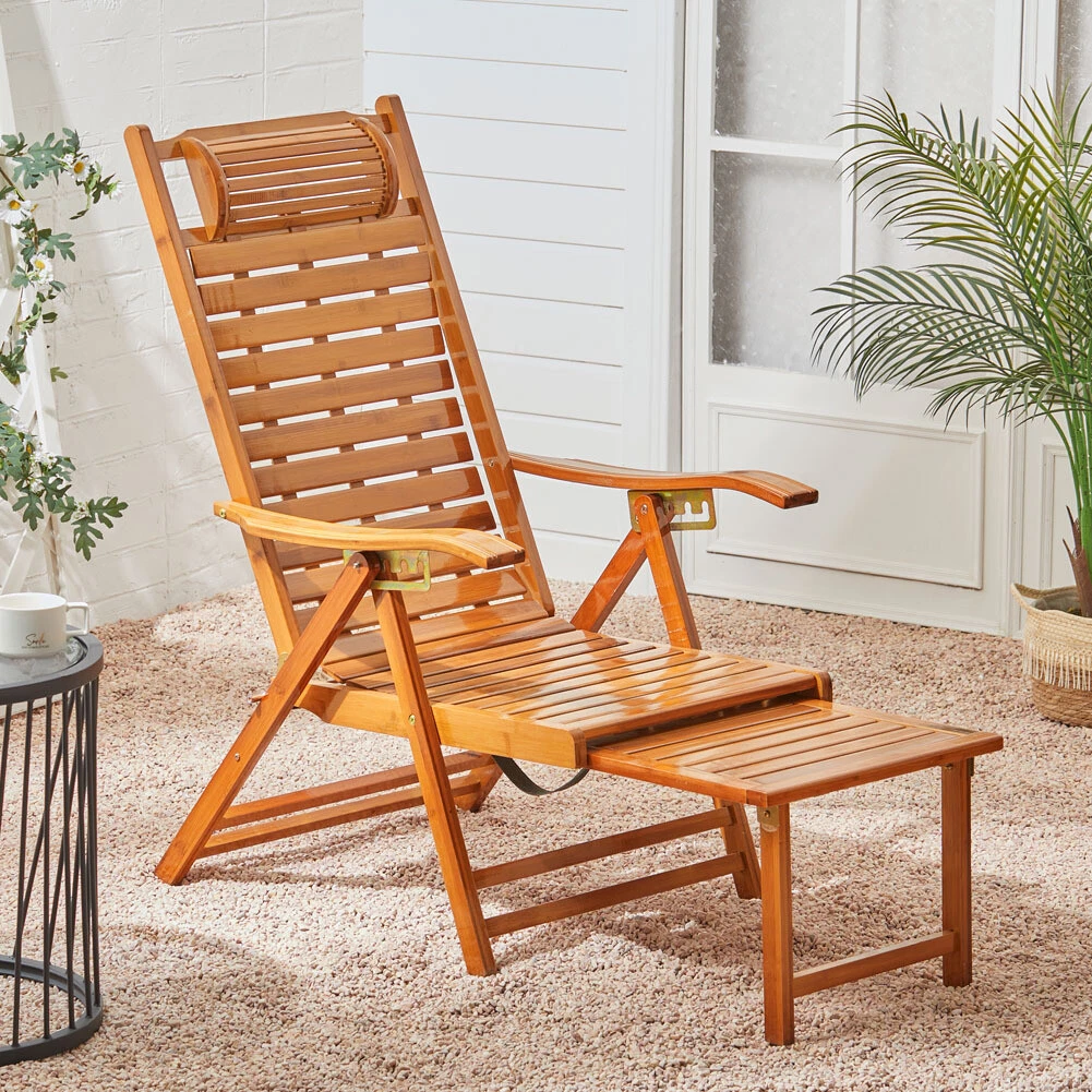 Bamboo Wood Recliner Garden Balcony Sun Lounger Deck Chair Folding