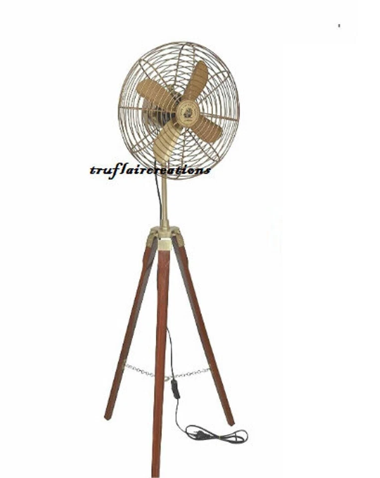 Ventilador de mesa decoración del hogar ventilador eléctrico de latón antiguo con soporte de trípode de madera Handmad Foto 2 de 4