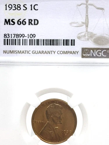 1938-S  1C RD Lincoln Wheat One Cent NGC MS66RD   #2371