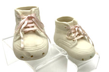 Vintage Ceramic Baby Shoes White Unpainted Pink Laces Sachet 3" Long Cute GUC