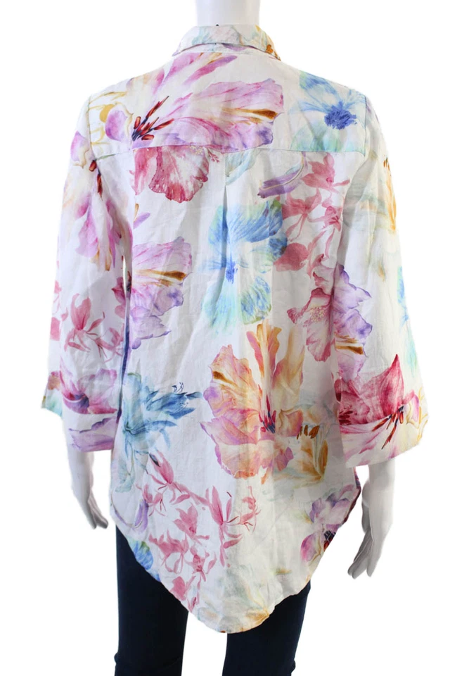 Renuar Womens Linen Floral 3/4 Sleeve Button-Down Shirt White Size 2XL - Image 3 of 4