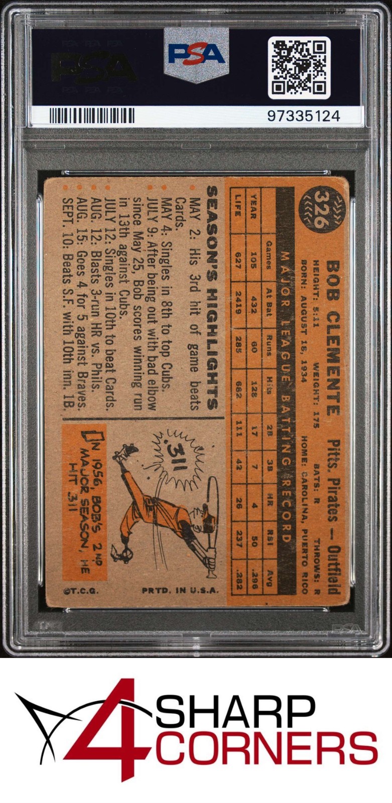 1960 TOPPS #326 ROBERTO BOB CLEMENTE PIRATES HOF PSA 2 view 2