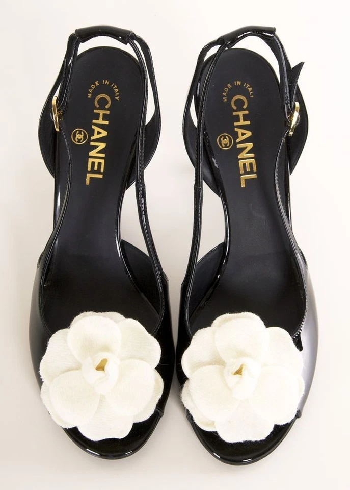 Chanel Zapatos Mujer Talla 38 Negro Charol Flor Tacones Cordones Italia LEER Foto 2 de 4