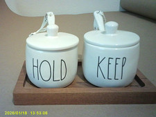 Rae Dunn Kitchen 'HOLD  KEEP" Jars with Lids, Spoons and Wood Tray