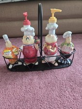 5-PC Ceramic Ketchup Mustard Chef Bottels  Salt And Peppers Shakers In Holder
