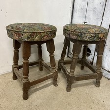 Pair Of Vintage Country Seat Floral Upholstered Wooden Stools- Low Short Pub Bar