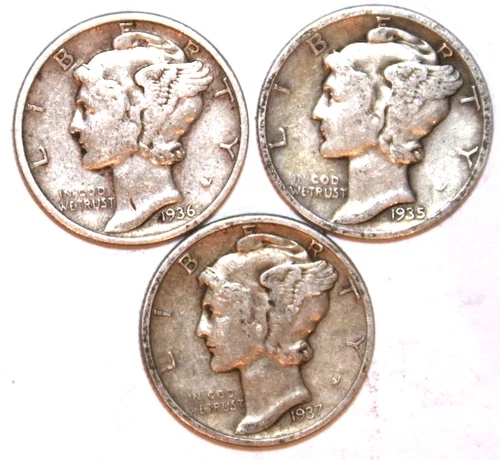 (3) Mercury Dimes - 1935P 1936P 1937P - Very Fine - #2488AT - FREE SHIPPING