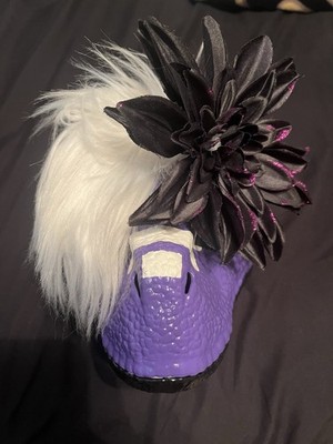 Handmade painted and sealed Dino mask fursuit with hair fluff and a flower