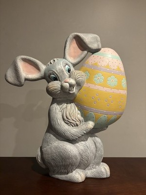 Vintage Ceramic Easter Bunny 1996 18  Tall Hand Painted Big Eyes Big Egg READ  