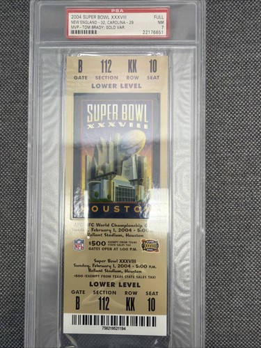 2004 Super Bowl XXXVIII Full Ticket PSA 7. Tom Brady Rare Gold Variation MVP