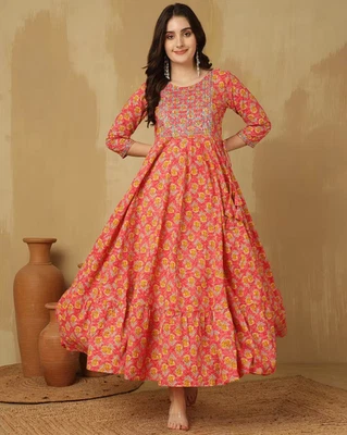 Indian Women Cotton Pink Thread Work Printed Anarkali Kurta Kurti New Long Dress - Image 1 of 4