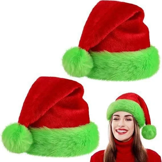 Sombrero de Navidad de doble capa de gamuza roja decorativa verde fluorescente Foto 2 de 4