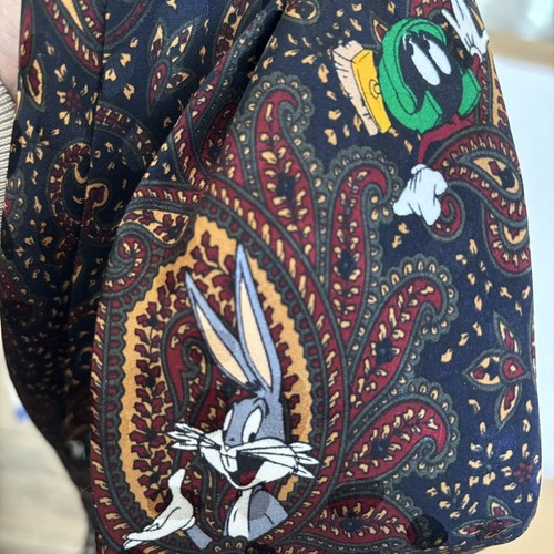VTG 1994 Looney Tunes Silk Tie Bugs Bunny Marvin Taz Paisley Brown - Picture 10 of 10