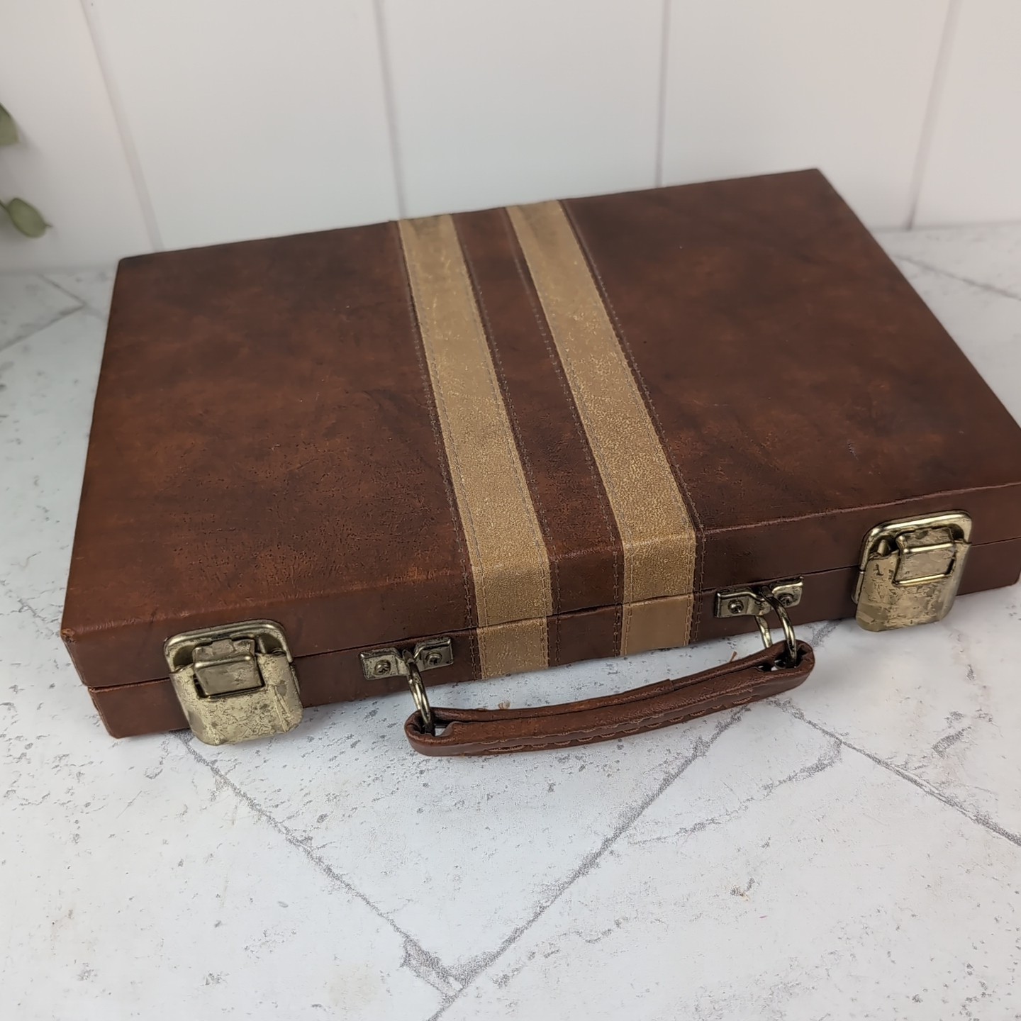Vintage Backgammon Game Travel Case Set Faux Leather Tan Dark Brown 11" x 15"