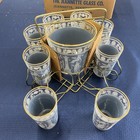 Vintage Blue/White Greek Chariot Ice Bucket 8 Tumblers Glasses With Caddy E.C.
