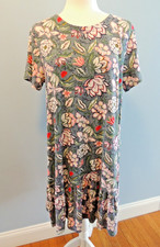 LOFT Floral Flounce Swing Dress Size Large T Shirt Dress Ruffle Short Sleeve