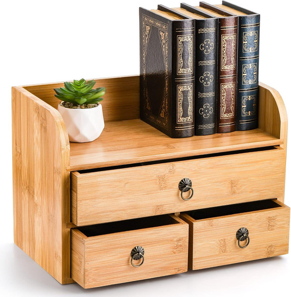 Nicunom Bambus 3-Ebenen Schreibtisch-Organizer Mit 3 Schubladen, Multifunktional-image