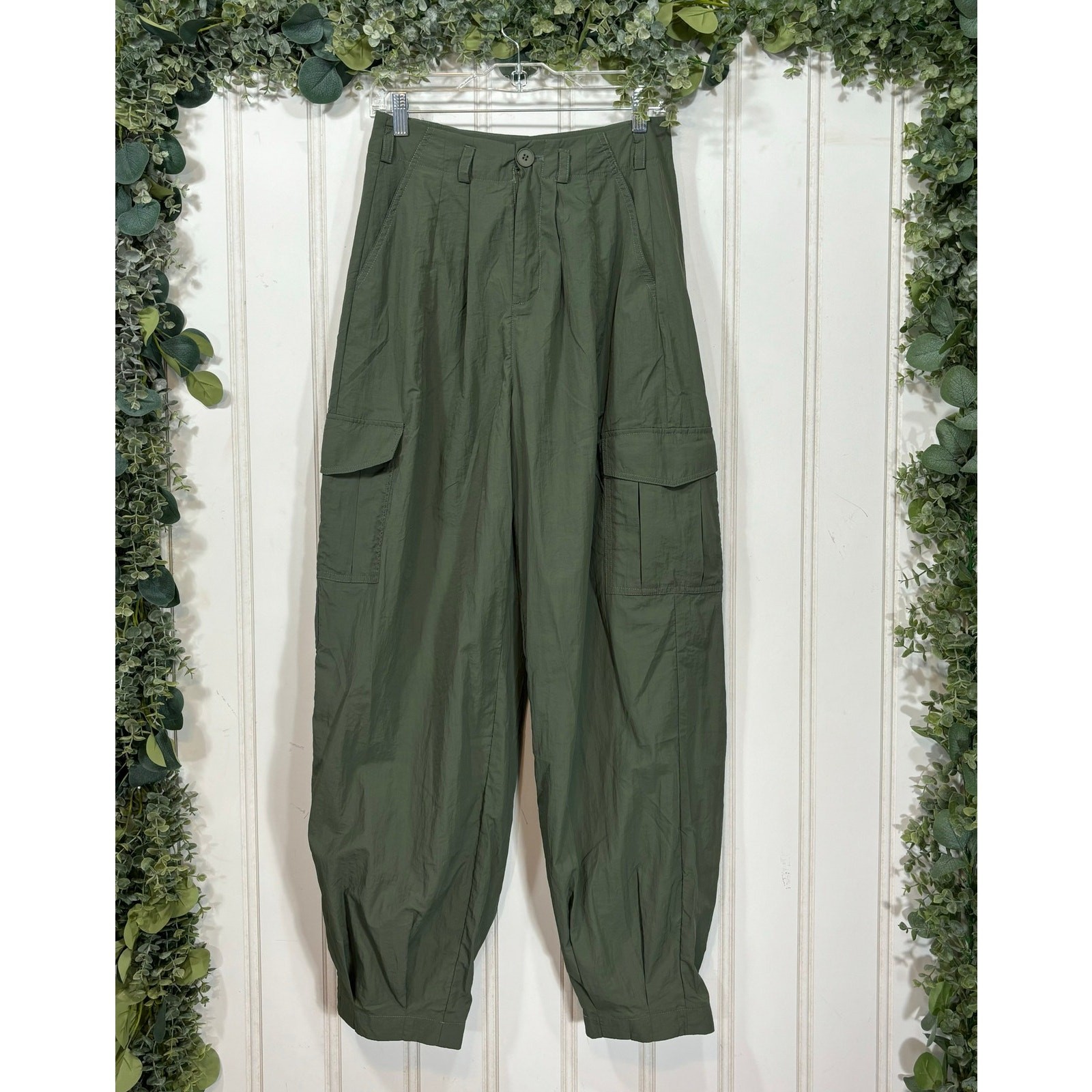 PLT Green Oversized Parachute Cargo Pants Size 0