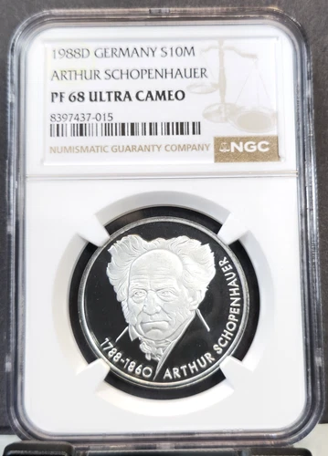 1988 GERMANY SILVER 10 MARK ARTHUR SCHOPENHAUER NGC PF 68 ULTRA CAMEO GEM PROOF