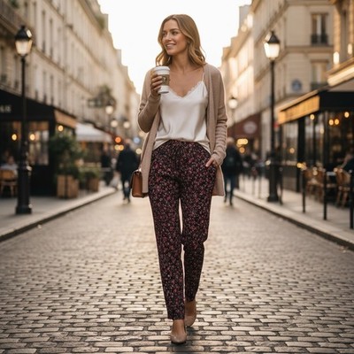 Floral Plisse Pleated High Waisted Straight Leg Pants Navy Red Ditsy Print