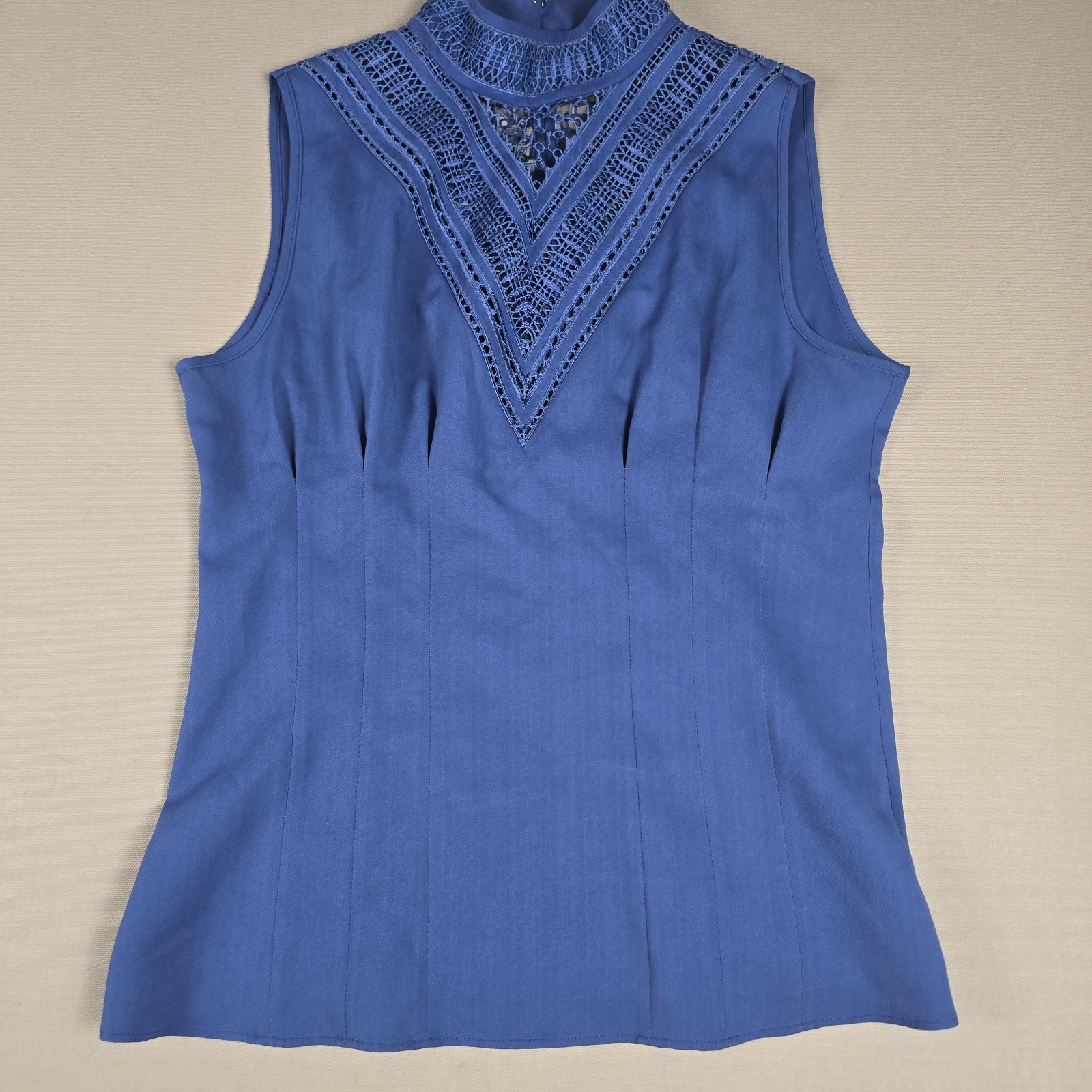 Catherine Malandrino Blue Sleeveless Blouse Crochet Lace Mock Neck Button Back S
