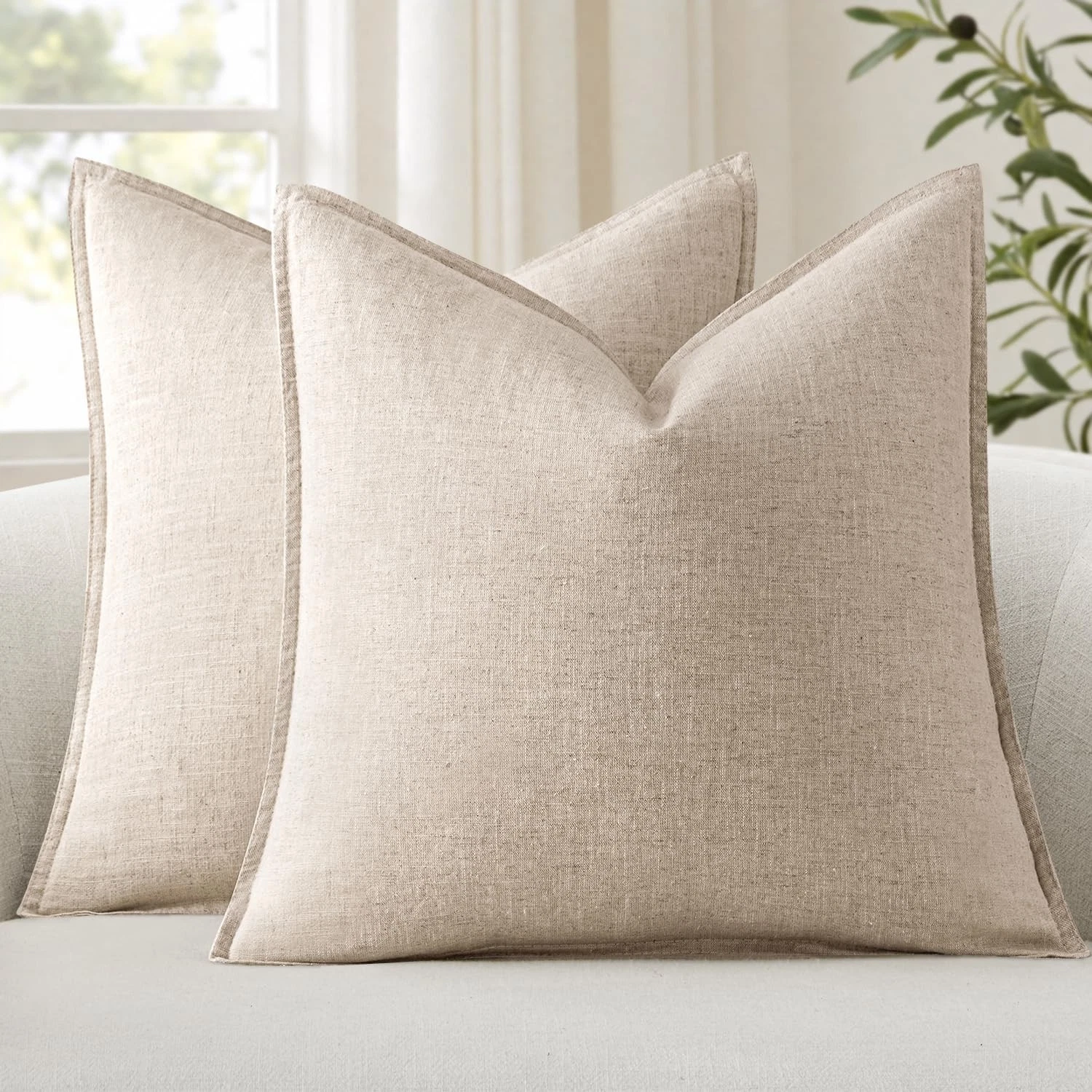 Pack of 2 Decorative Linen Pillow Covers Euro Sham Natural Beige Neutral Farm...