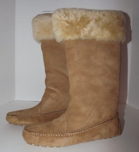 Dexter Vail Moccasin Boots Women's 7M Kid Suede Fur Cuff Camel 13" Tall D1098-25 - Picture 1 of 8